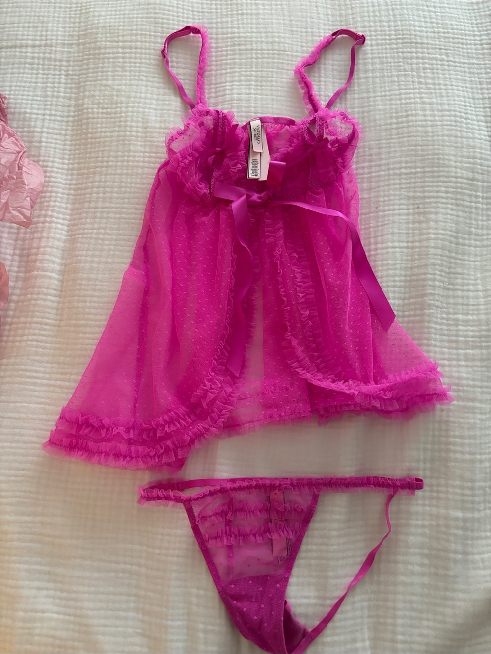 Victoria's Secret Sheer Ruffle Babydoll Set - Fuchsia Pink